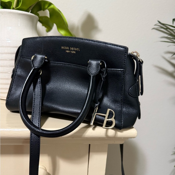 Henri Bendel Black Leather Mini Crossbody Handbag Purse with Purse Charm Logo - Picture 1 of 8